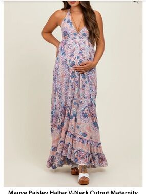 Pinkblush Mauve Paisley Halter V-Neck Maternity Maxi Dress